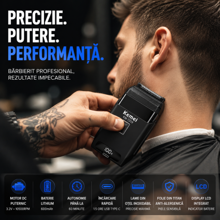 Aparat de Ras Profesional KEMEI KM-T229, Foil Shaver, Motor DC 10500 RPM, Folie Titan Anti-Alergenică, Lame Oțel Inoxidabil, Display LCD, USB Type-C, Acumulator 600mAh, 60 Min Autonomie, Negru [4]