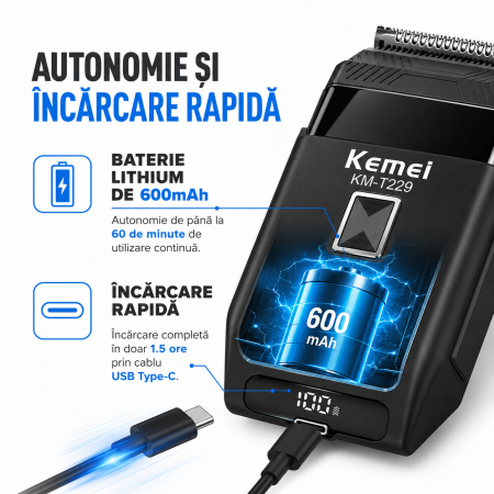 Aparat de Ras Profesional KEMEI KM-T229, Foil Shaver, Motor DC 10500 RPM, Folie Titan Anti-Alergenică, Lame Oțel Inoxidabil, Display LCD, USB Type-C, Acumulator 600mAh, 60 Min Autonomie, Negru [1]