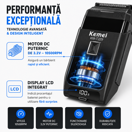 Aparat de Ras Profesional KEMEI KM-T229, Foil Shaver, Motor DC 10500 RPM, Folie Titan Anti-Alergenică, Lame Oțel Inoxidabil, Display LCD, USB Type-C, Acumulator 600mAh, 60 Min Autonomie, Negru [3]