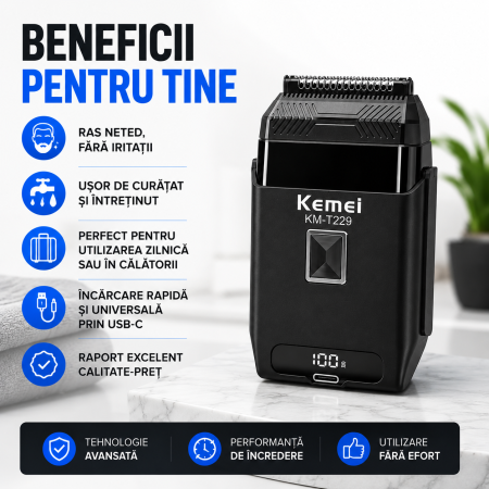 Aparat de Ras Profesional KEMEI KM-T229, Foil Shaver, Motor DC 10500 RPM, Folie Titan Anti-Alergenică, Lame Oțel Inoxidabil, Display LCD, USB Type-C, Acumulator 600mAh, 60 Min Autonomie, Negru [7]
