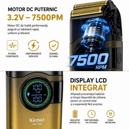 Aparat de ras electric KEMEI KM-T389, Folie Titan Anti-Alergenică, Motor DC 3.2V 7500 RPM, Display LCD, Baterie 800mAh, Autonomie 100 min, Încărcare USB Type-C, Gold/Negru [4]