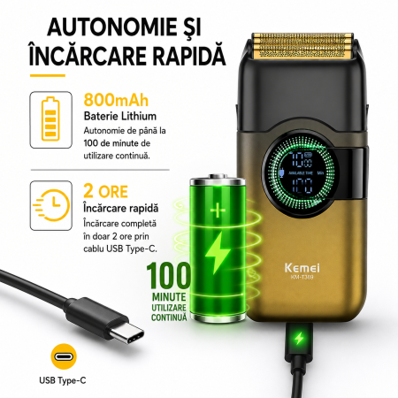 Aparat de ras electric KEMEI KM-T389, Folie Titan Anti-Alergenică, Motor DC 3.2V 7500 RPM, Display LCD, Baterie 800mAh, Autonomie 100 min, Încărcare USB Type-C, Gold/Negru [2]