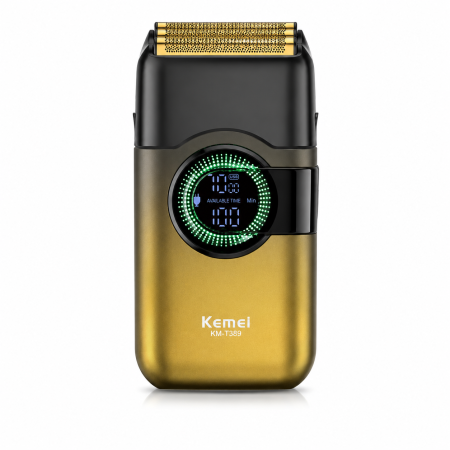 Aparat de ras electric KEMEI KM-T389, Folie Titan Anti-Alergenică, Motor DC 3.2V 7500 RPM, Display LCD, Baterie 800mAh, Autonomie 100 min, Încărcare USB Type-C, Gold/Negru [1]