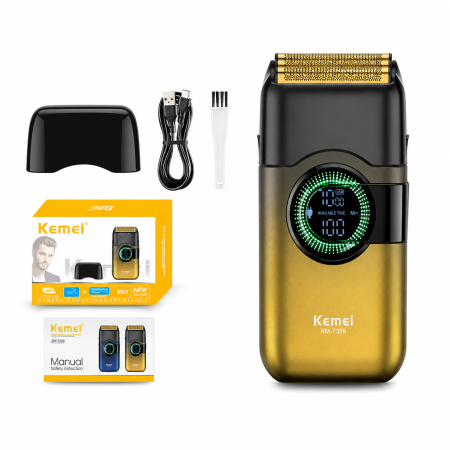 PRODUSE RECOMANDATE - Aparat de ras electric KEMEI KM-T389, Folie Titan Anti-Alergenică, Motor DC 3.2V 7500 RPM, Display LCD, Baterie 800mAh, Autonomie 100 min, Încărcare USB Type-C, Gold/Negru