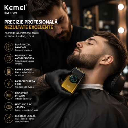 Aparat de ras electric KEMEI KM-T389, Folie Titan Anti-Alergenică, Motor DC 3.2V 7500 RPM, Display LCD, Baterie 800mAh, Autonomie 100 min, Încărcare USB Type-C, Gold/Negru [5]