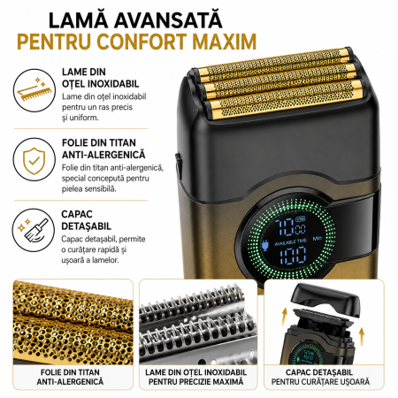Aparat de ras electric KEMEI KM-T389, Folie Titan Anti-Alergenică, Motor DC 3.2V 7500 RPM, Display LCD, Baterie 800mAh, Autonomie 100 min, Încărcare USB Type-C, Gold/Negru [3]