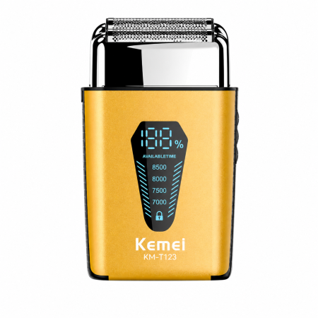 Masini de ras - Aparat de ras electric Kemei KM-T123, Motor DC 8500 RPM, Display LCD, Acumulator Li-Ion 1200mAh, Autonomie 120 min, Încărcare USB Type-C, IPX5, Cap Detașabil, Auriu