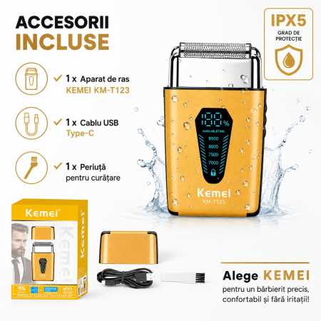 Aparat de ras electric Kemei KM-T123, Motor DC 8500 RPM, Display LCD, Acumulator Li-Ion 1200mAh, Autonomie 120 min, Încărcare USB Type-C, IPX5, Cap Detașabil, Auriu [6]