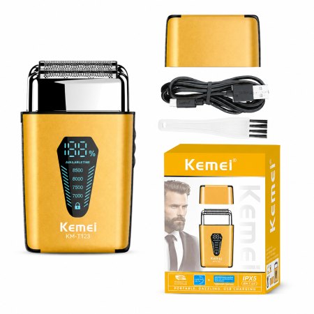 Aparat de ras electric Kemei KM-T123, Motor DC 8500 RPM, Display LCD, Acumulator Li-Ion 1200mAh, Autonomie 120 min, Încărcare USB Type-C, IPX5, Cap Detașabil, Auriu [1]