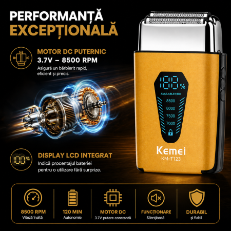 Aparat de ras electric Kemei KM-T123, Motor DC 8500 RPM, Display LCD, Acumulator Li-Ion 1200mAh, Autonomie 120 min, Încărcare USB Type-C, IPX5, Cap Detașabil, Auriu [4]