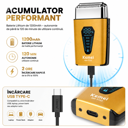 Aparat de ras electric Kemei KM-T123, Motor DC 8500 RPM, Display LCD, Acumulator Li-Ion 1200mAh, Autonomie 120 min, Încărcare USB Type-C, IPX5, Cap Detașabil, Auriu [2]