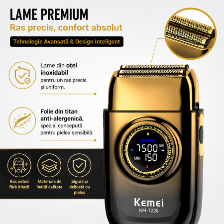 Aparat de Ras Profesional KEMEI KM-T228, Folie Titan Anti-Alergenică, Motor Brushless 7500 RPM, Acumulator 1400mAh, 90 min Autonomie, Încărcare USB Type-C, Display LCD, Negru/Auriu [2]