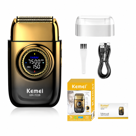 Aparat de Ras Profesional KEMEI KM-T228, Folie Titan Anti-Alergenică, Motor Brushless 7500 RPM, Acumulator 1400mAh, 90 min Autonomie, Încărcare USB Type-C, Display LCD, Negru/Auriu