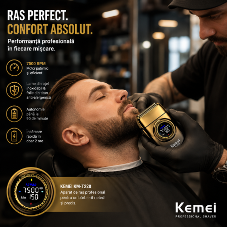 Aparat de Ras Profesional KEMEI KM-T228, Folie Titan Anti-Alergenică, Motor Brushless 7500 RPM, Acumulator 1400mAh, 90 min Autonomie, Încărcare USB Type-C, Display LCD, Negru/Auriu [4]