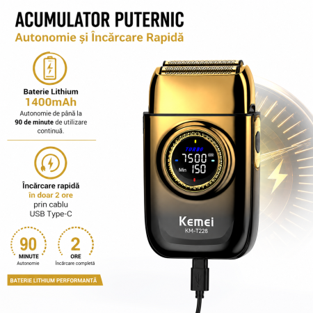 Aparat de Ras Profesional KEMEI KM-T228, Folie Titan Anti-Alergenică, Motor Brushless 7500 RPM, Acumulator 1400mAh, 90 min Autonomie, Încărcare USB Type-C, Display LCD, Negru/Auriu [1]
