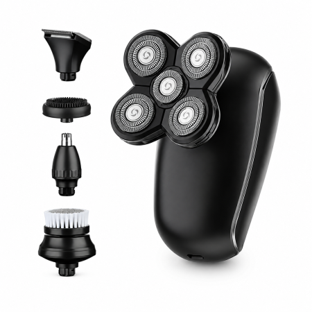 Masini de ras - Aparat de Ras Electric 5 în 1, 5 Capete Flexibile, Motor 8000 RPM, Acumulator 800mAh, Autonomie 90 min, Încărcare USB, Wet & Dry IPX6, Trimmer Nas, Cap Tuns, Perie Facială și Masaj