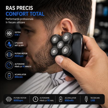 Aparat de Ras Electric 5 în 1, 5 Capete Flexibile, Motor 8000 RPM, Acumulator 800mAh, Autonomie 90 min, Încărcare USB, Wet & Dry IPX6, Trimmer Nas, Cap Tuns, Perie Facială și Masaj [4]