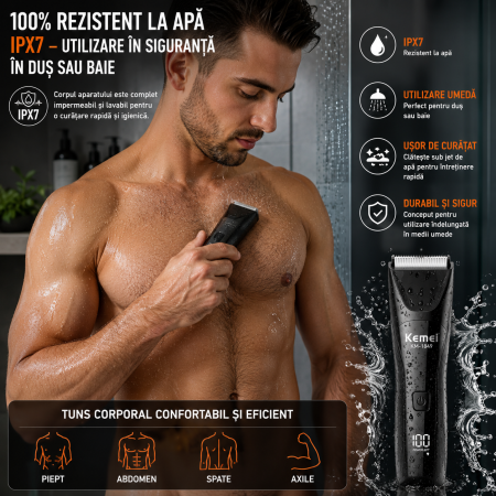 Aparat de tuns corporal Kemei KM-1849, IPX7 Waterproof, 6500 RPM, Lamă ceramică, Acumulator 600 mAh, Autonomie 90 min, Stand încărcare, USB Type-C, Display LED [5]