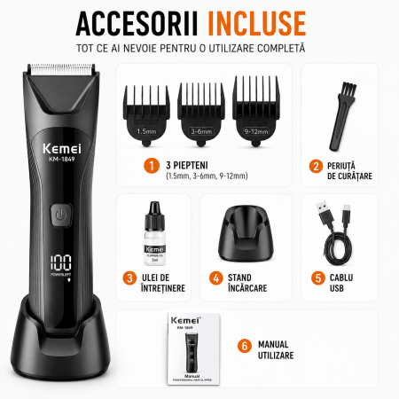 Aparat de tuns corporal Kemei KM-1849, IPX7 Waterproof, 6500 RPM, Lamă ceramică, Acumulator 600 mAh, Autonomie 90 min, Stand încărcare, USB Type-C, Display LED [4]