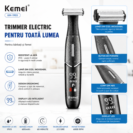 Aparat de tuns corporal Kemei KM-1903, Trimmer pentru corp și zone intime, IPX5, Display LED, Încărcare USB-C, 4 înălțătoare 1/2/4/6 mm, Negru [9]