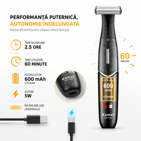 Aparat de tuns corporal Kemei KM-1903, Trimmer pentru corp și zone intime, IPX5, Display LED, Încărcare USB-C, 4 înălțătoare 1/2/4/6 mm, Negru [2]