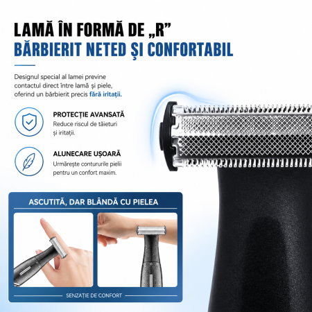 Aparat de tuns corporal Kemei KM-1903, Trimmer pentru corp și zone intime, IPX5, Display LED, Încărcare USB-C, 4 înălțătoare 1/2/4/6 mm, Negru [8]