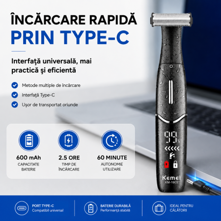 Aparat de tuns corporal Kemei KM-1903, Trimmer pentru corp și zone intime, IPX5, Display LED, Încărcare USB-C, 4 înălțătoare 1/2/4/6 mm, Negru [5]
