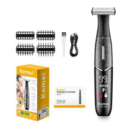 MASINI DE CONTUR - Aparat de tuns corporal Kemei KM-1903, Trimmer pentru corp și zone intime, IPX5, Display LED, Încărcare USB-C, 4 înălțătoare 1/2/4/6 mm, Negru
