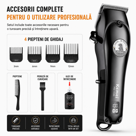 Aparat de tuns profesional pentru animale Kemei KM-1596, 6800 RPM, Cuțite ceramice, Display LCD, Acumulator, Autonomie 180 min, Încărcare Type-C, 4 piepteni (3/6/9/12 mm) [4]