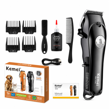 MASINI DE TUNS - Aparat de tuns profesional pentru animale Kemei KM-1596, 6800 RPM, Cuțite ceramice, Display LCD, Acumulator, Autonomie 180 min, Încărcare Type-C, 4 piepteni (3/6/9/12 mm)