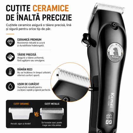 Aparat de tuns profesional pentru animale Kemei KM-1596, 6800 RPM, Cuțite ceramice, Display LCD, Acumulator, Autonomie 180 min, Încărcare Type-C, 4 piepteni (3/6/9/12 mm) [3]