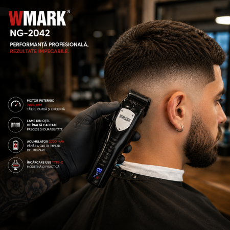 Masina de tuns profesionala WMARK NG-2042 7000 RPM, Acumulator 2000 mAh, 240 min autonomie, 8 inaltatoare, USB Type-C, Stand incarcare [6]