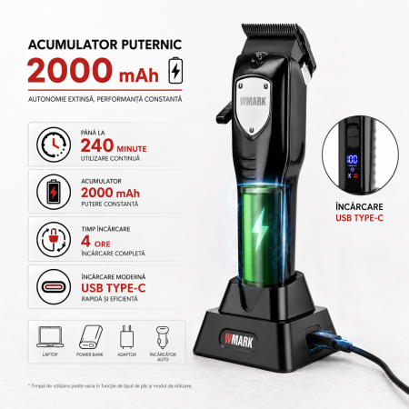 Masina de tuns profesionala WMARK NG-2042 7000 RPM, Acumulator 2000 mAh, 240 min autonomie, 8 inaltatoare, USB Type-C, Stand incarcare [2]