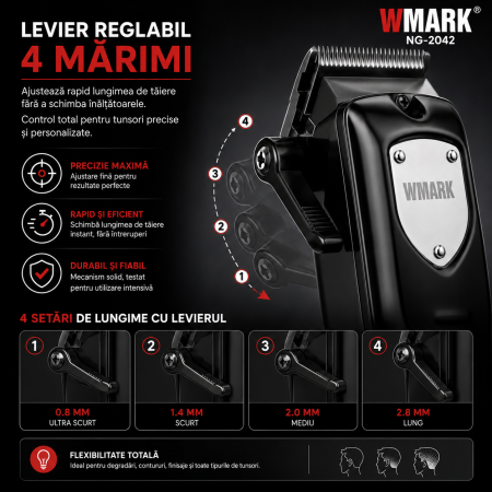 Masina de tuns profesionala WMARK NG-2042 7000 RPM, Acumulator 2000 mAh, 240 min autonomie, 8 inaltatoare, USB Type-C, Stand incarcare [4]
