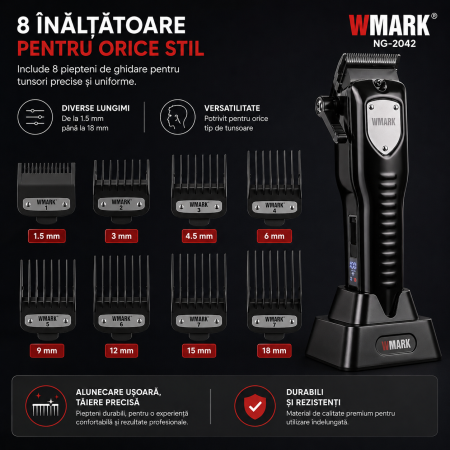 Masina de tuns profesionala WMARK NG-2042 7000 RPM, Acumulator 2000 mAh, 240 min autonomie, 8 inaltatoare, USB Type-C, Stand incarcare [7]