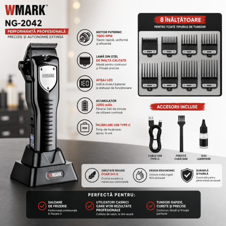Masina de tuns profesionala WMARK NG-2042 7000 RPM, Acumulator 2000 mAh, 240 min autonomie, 8 inaltatoare, USB Type-C, Stand incarcare [1]