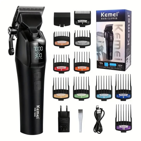 Kemei KM-1858 – Masina de tuns profesionala fara fir, lamă DLC, 10 W, 4600 mAh, 9000 RPM, LCD, autonomie 360 minute [0]