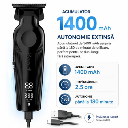 Masina de contur Kemei KM-264 T-Blade, 180 min autonomie, display LED, trimmer precis cu accesorii incluse - Copie [2]