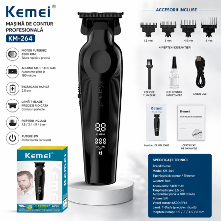 Masina de contur Kemei KM-264 T-Blade, 180 min autonomie, display LED, trimmer precis cu accesorii incluse - Copie [1]