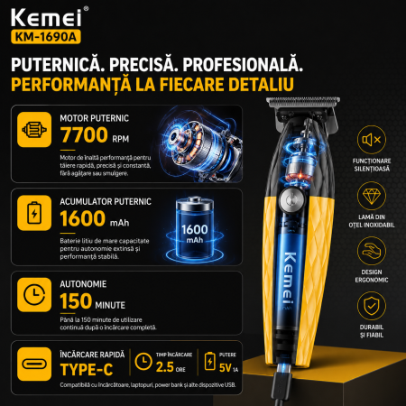 Masina de Contur Profesională Kemei KM-1690A, 7700 RPM, USB Type-C, Lamă T din Oțel Inoxidabil [3]