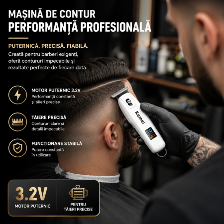 Mașină de Contur Profesională Kemei KM-PG232, Motor 3.2V, Acumulator 1200mAh, Autonomie 200 Min, Display LCD, Lamă T din Oțel Inoxidabil, 3 Înălțătoare 1/2/3 mm, Încărcare USB [4]