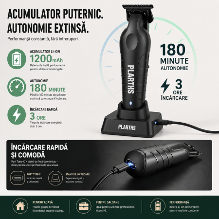 Masina de Contur Profesionala, PLARTHS NG-317, Motor puternic 7000rpm, Lama DLC, Cutit Ceramic, Stand Incarcare, Led Incarcare, Type C, 3 Inaltatoare, Negru [2]