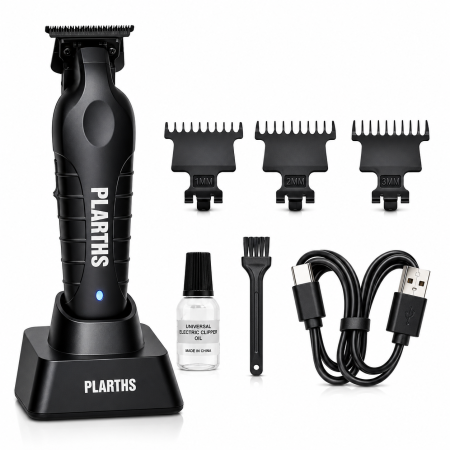 Masina de Contur Profesionala, PLARTHS NG-317, Motor puternic 7000rpm, Lama DLC, Cutit Ceramic, Stand Incarcare, Led Incarcare, Type C, 3 Inaltatoare, Negru