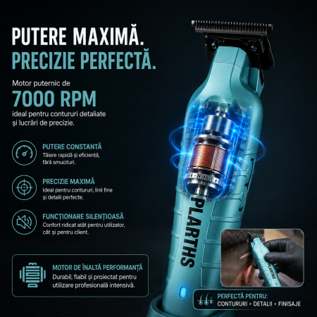 Masina de Contur Profesionala, PLARTHS NG-317, Motor puternic 7000rpm, Lama DLC, Cutit Ceramic, Stand Incarcare, Led Incarcare, Type C, 3 Inaltatoare, Turcoaz [4]