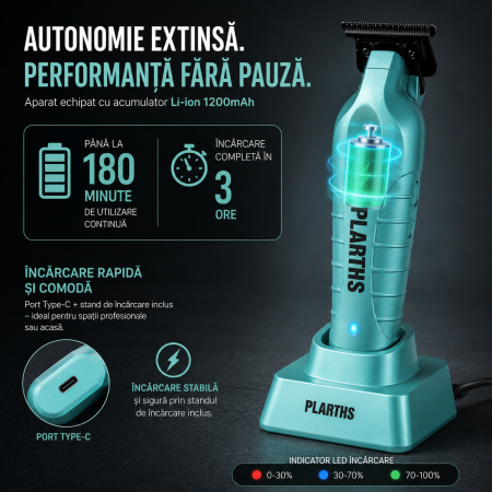 Masina de Contur Profesionala, PLARTHS NG-317, Motor puternic 7000rpm, Lama DLC, Cutit Ceramic, Stand Incarcare, Led Incarcare, Type C, 3 Inaltatoare, Turcoaz [2]