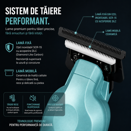 Masina de Contur Profesionala, PLARTHS NG-317, Motor puternic 7000rpm, Lama DLC, Cutit Ceramic, Stand Incarcare, Led Incarcare, Type C, 3 Inaltatoare, Turcoaz [3]