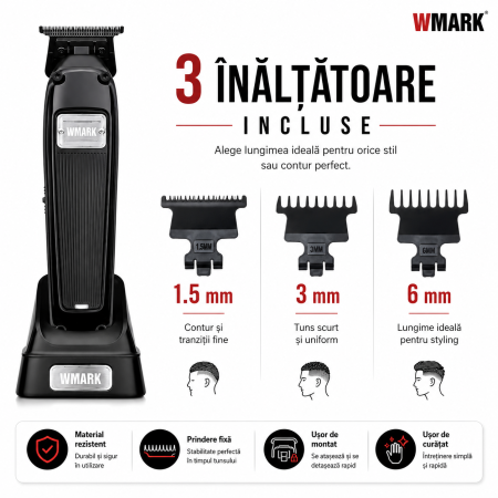 Mașină de Contur Profesională WMARK NG-2054A, Motor 7200 RPM, Lame DLC T-Blade 0.1 mm, Acumulator 2000mAh, 250 Min Autonomie, Stand Încărcare, USB, 3 Înălțătoare, Negru [4]