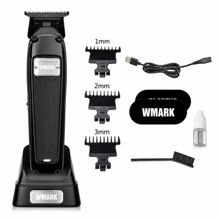 MASINI DE CONTUR - Mașină de Contur Profesională WMARK NG-2054A, Motor 7200 RPM, Lame DLC T-Blade 0.1 mm, Acumulator 2000mAh, 250 Min Autonomie, Stand Încărcare, USB, 3 Înălțătoare, Negru