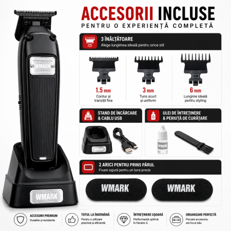 Mașină de Contur Profesională WMARK NG-2054A, Motor 7200 RPM, Lame DLC T-Blade 0.1 mm, Acumulator 2000mAh, 250 Min Autonomie, Stand Încărcare, USB, 3 Înălțătoare, Negru [5]