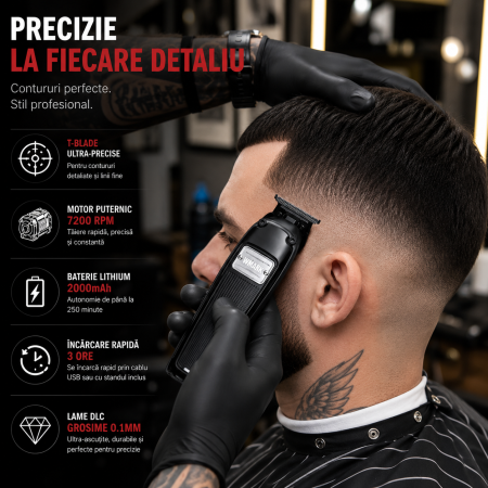 Mașină de Contur Profesională WMARK NG-2054A, Motor 7200 RPM, Lame DLC T-Blade 0.1 mm, Acumulator 2000mAh, 250 Min Autonomie, Stand Încărcare, USB, 3 Înălțătoare, Negru [3]